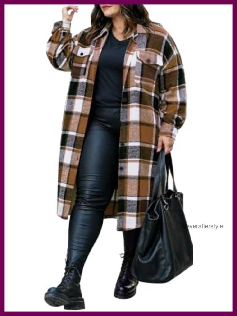 Plus Size Flannel Plaid Button Down Shacket Midi Shirt